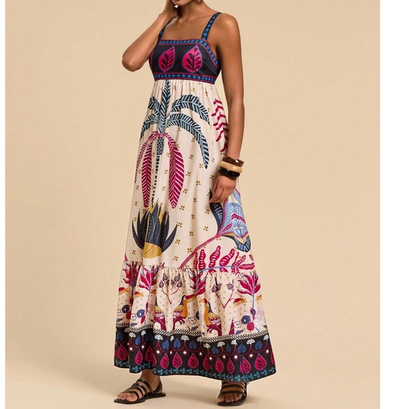 Boho Tropical Animal Print Shirred ruffle Hem Maxi Dress - Picture 5 of 6